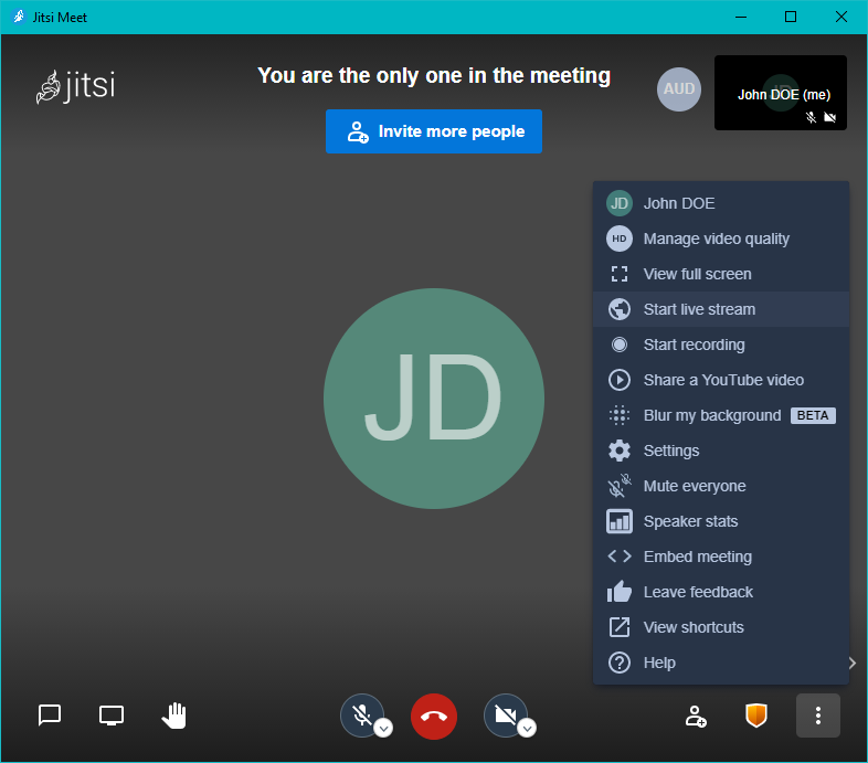 Jitsi Start live stream menu
