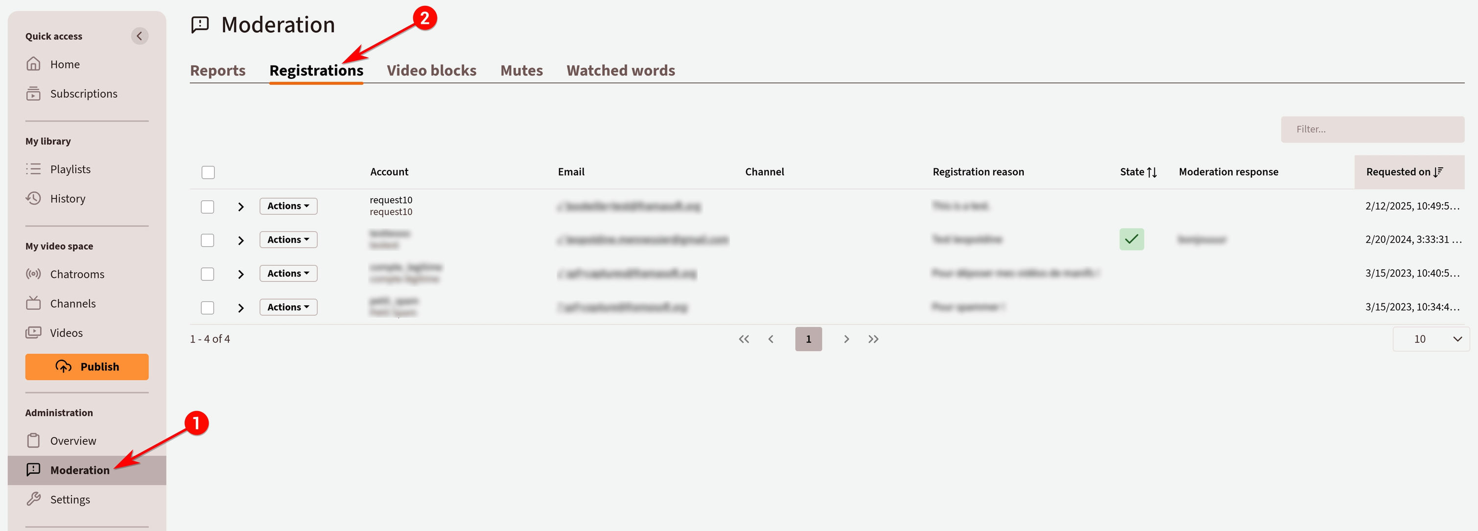 Registration list table