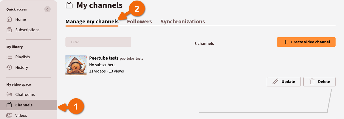 Menu presenting options to create a channel