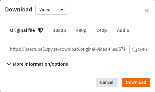 Modal presenting options to download a video
